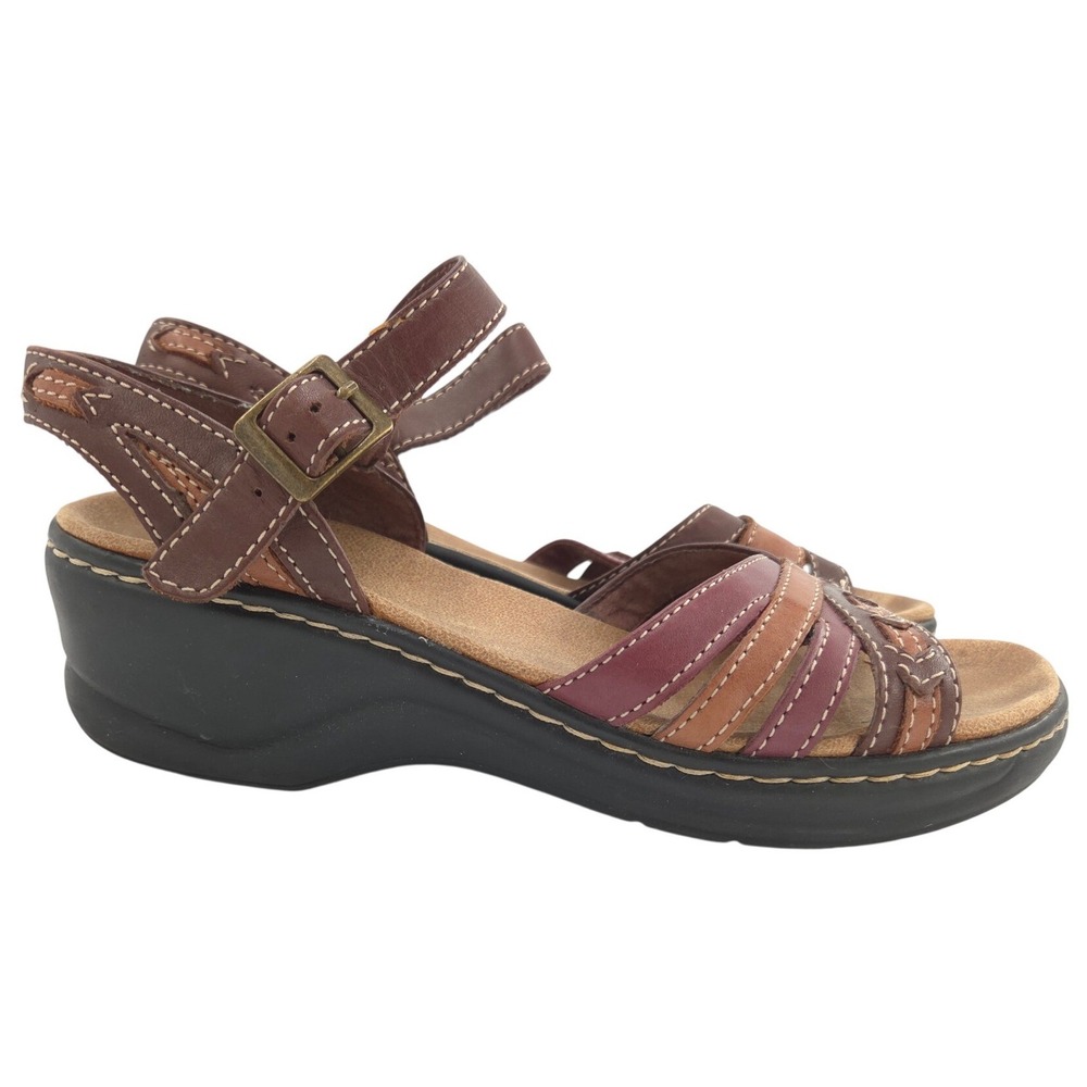 Clarks Bendables Wedge Sandals Womens 7M Brown Leather Ankle Strap Open Toe